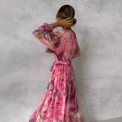 Orion Maxikleid für Frauen - Langes Kleid mit V-Ausschnitt, Gürtel und gestuftem Rock aus leichtem Chiffon-3