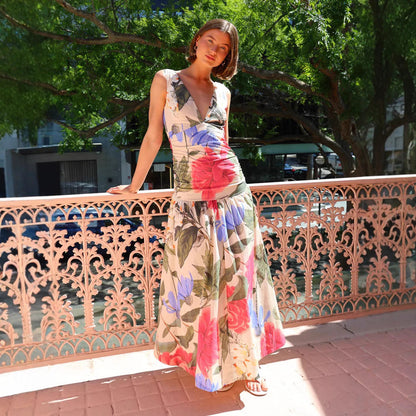 Variant image for Lena Damen Sommerkleid - V-Ausschnitt - Spaghetti-Träger - Fließend Bedrucktes Freizeitkleid für Sommer-1