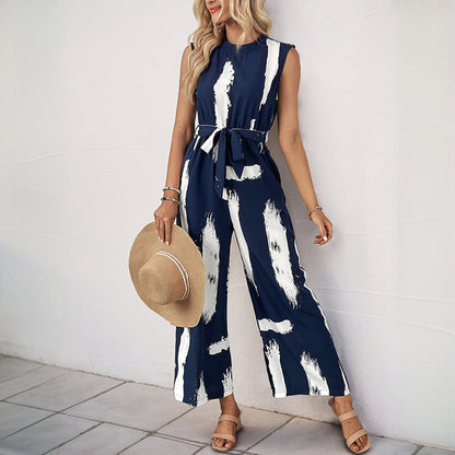 Lena Ärmelloser Damen Jumpsuit Sommer - Weites Bein, Krawatten Taille, Leichter Druck, Jumpsuit Weiß-2