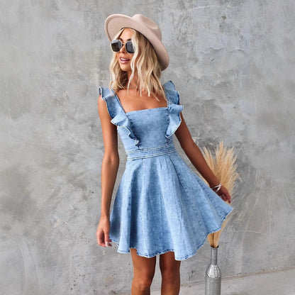 Damen Kleid Blau Größe M Baumwoll-Denim-Mischung mit Quadratischem Ausschnitt und Gekräuselten Ärmeln-2