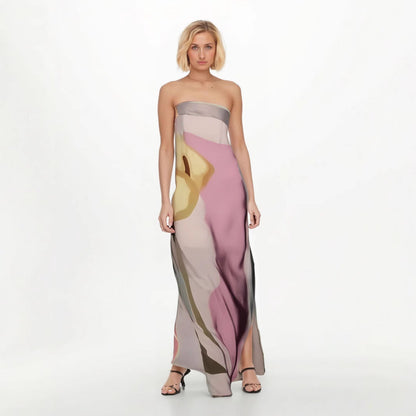 Lena Trägerloses Midi-Kleid Damen - Leichter Stoff, Fließende Passform, Abstrakter Druck, Ideal für Sommer und Abendveranstaltungen-5