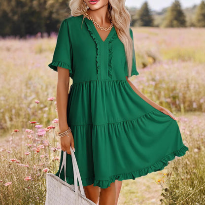 Lena A-Linien Kleid für Damen – V-Ausschnitt mit Rüschen für Frühling/Sommer-3