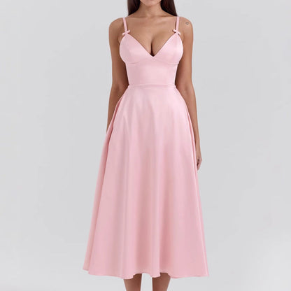 Variant image for Orion Elegantes Satin-Kleid Damen - V-Ausschnitt Spaghetti-Träger A-Linie Festliches Kleid für Hochzeitsgast-1