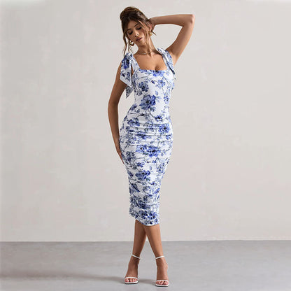 Lena Damen Midi Kleid - Blumendruck - Figurnahes Design für Sommer - Ideal als Abendkleid oder Cocktailkleid-4