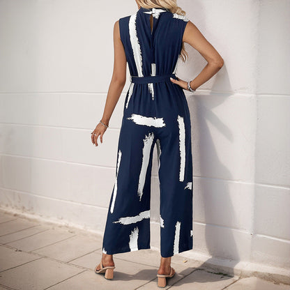 Lena Ärmelloser Damen Jumpsuit Sommer - Weites Bein, Krawatten Taille, Leichter Druck, Jumpsuit Weiß-3