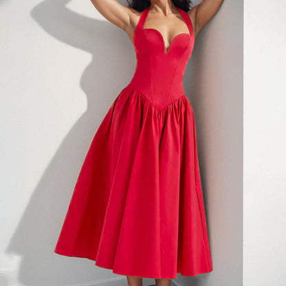 Lena Damen Midi Kleid - Satin-Feeling A-Line Halfterhals Offener Rücken - Perfekt für Hochzeiten Cocktailpartys und Abendveranstaltungen-1