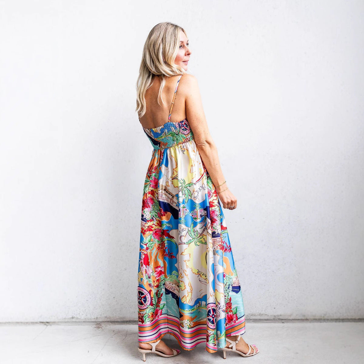 Orion Maxikleid Sommer Damen - Hohe Taille, Spaghetti-Träger, Fließender Urlaubstil-4