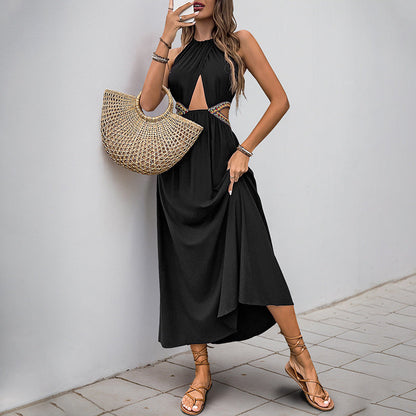 Lena Damen Halter-Nackenkleid Midi Sommer Kleid mit Knoten und Ausschnitt für Abendveranstaltungen-1